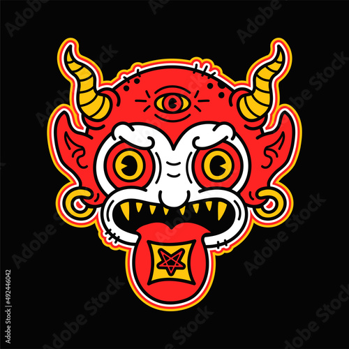 Devil with acid lsd blotter mark on tongue t-shirt print.Vector cartoon graphic illustration logo design. Demon,horns,satan,trippy psychedelic devil,lsd acid print for poster,t-shirt,logo concept
