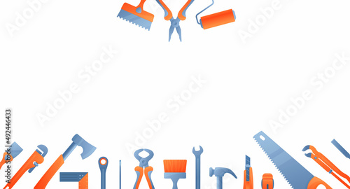 Vector illustration hand tools for home renovation, maintenance and repair isolated on white background with blank copy space for text. Construction tools vector background in flat cartoon style.