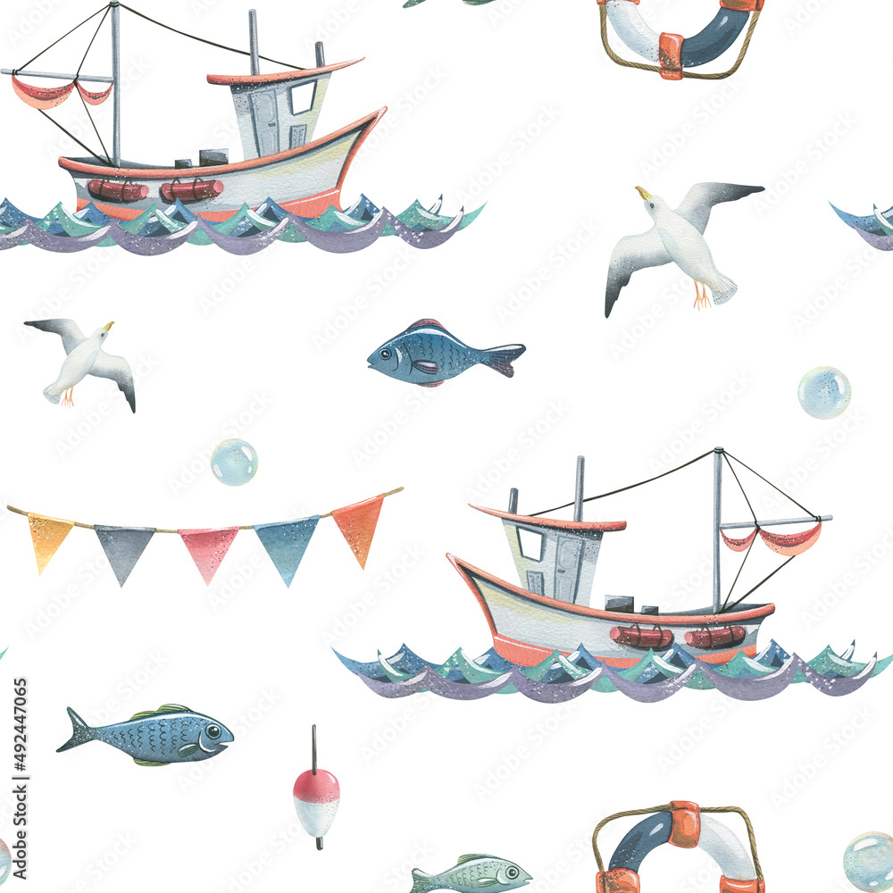 Watercolor illustration on the theme of sea fishing with a seamless pattern.