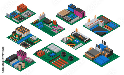 Collection of isometric circuit boards with electronic components. Computer chips technology processor circuit and computer motherboards information system. Collection of technology equipments
