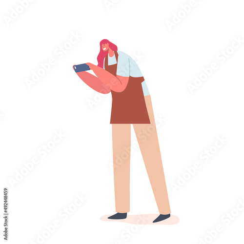 Food Blogging Concept. Female Blogger Character Wear Apron Take a Photo of Prepared Dish on Smartphone