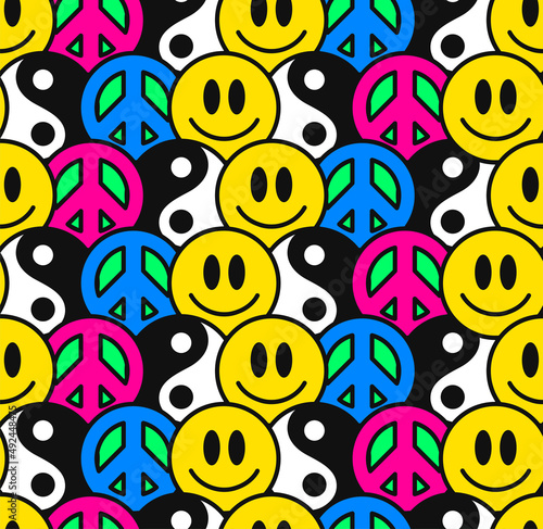 Yin Yang,peace hippie sign and smile face seamless pattern.Vector hand drawn cartoon character illustration. Yin Yang, smile face, hippie peace symbol seamless pattern wallpaper print concept