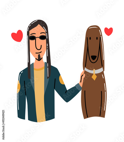 People and pet. Dog pet owner character. Man love his animal. Cute and adorable domestic animal