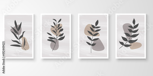 Set of minimal natural wall art in white frames. Foliage line art drawing with abstract shape composition earth tone. Art vector illustration.