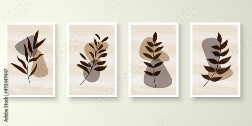 Set of minimal natural wall art in white frames. Foliage line art drawing with abstract shape composition earth tone. Art vector illustration.