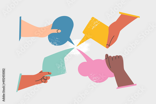 People's hands exchange ideas and holding speech bubble with vote and comment. Team cooperation communicate collaborate. Diversity multicultural group with talk message cartoon vector illustration