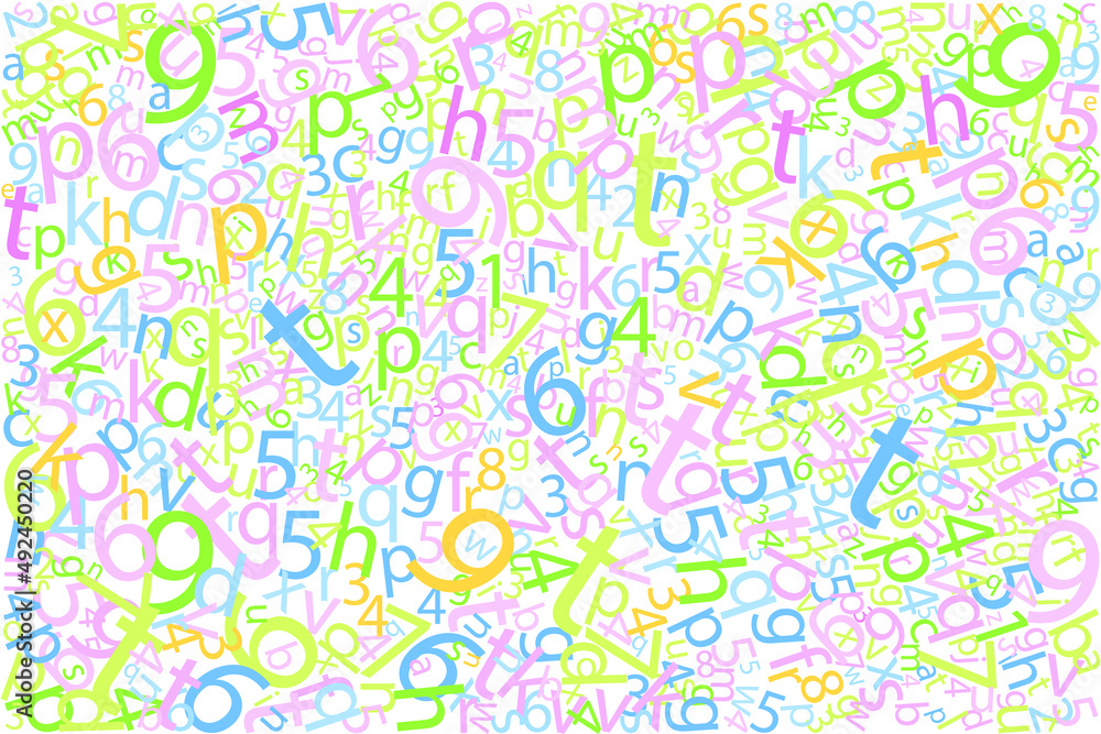 Vector background with letters and numbers pattern for textile or other use, in modern colors