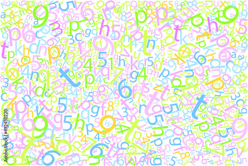 Vector background with letters and numbers pattern for textile or other use, in modern colors