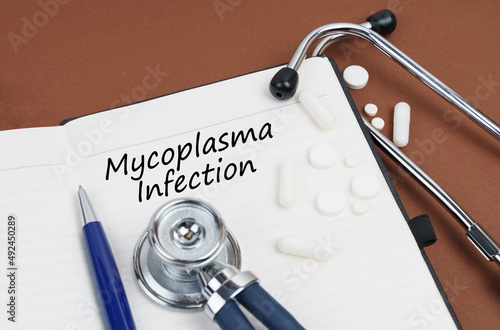 On a brown surface lie pills, a pen, a stethoscope and a notebook with the inscription - Mycoplasma Infection photo