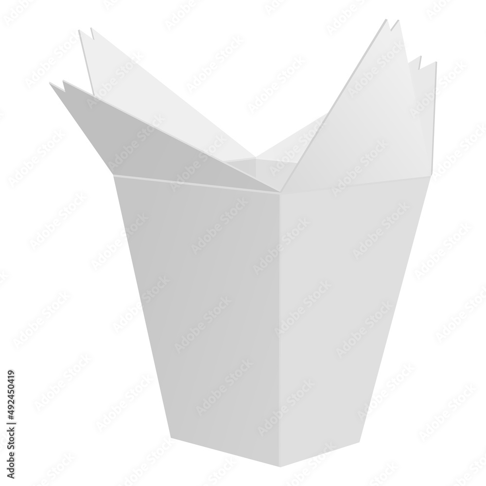 Chinese food box mock up. Blank open white 3d model cardboard noodle box, wok container, asian empty take-out box. Vector template for packaging design element for branding Chinese food box mock up. Blank open white 3d model cardboard noodle box, wok container, asian empty take-out box. Vector template for packaging design element for branding