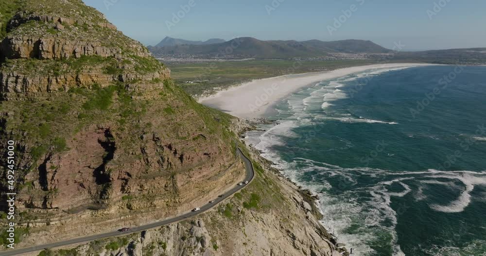 Spectacular Aerial view of scenic Chapman's Peak Drive,Noordhoek Beach in background,Cape Town, South Africa Spectacular Aerial view of scenic Chapman's Peak Drive,Noordhoek Beach in background,Cape Town, South Africa