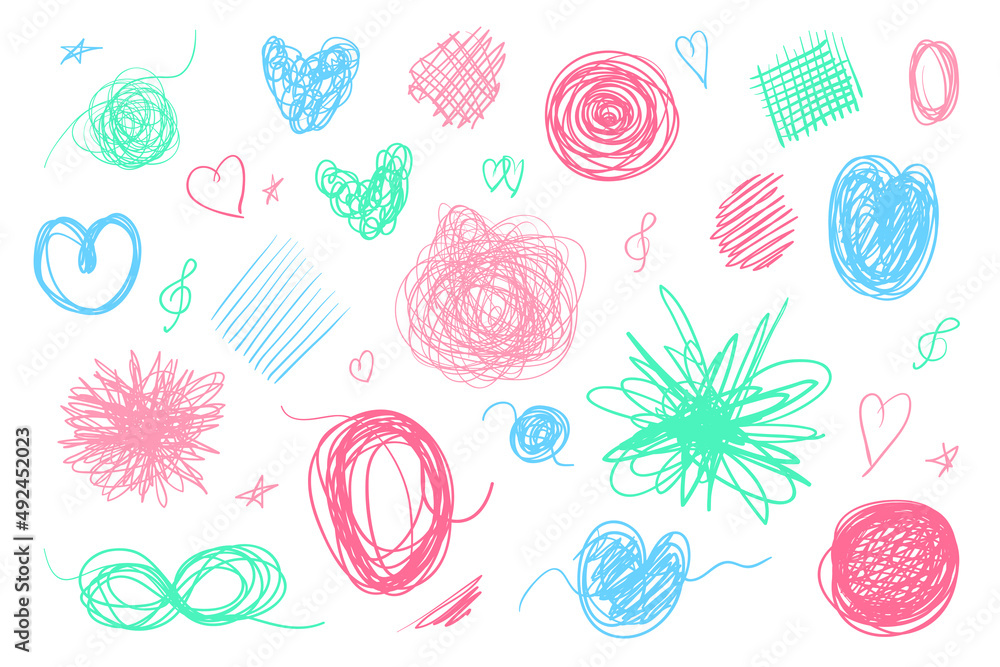 Hand drawn lines on isolated white background. Chaotic textures with hatching. Wavy tangled backdrops. Colorful illustration. Elements for posters and flyers Hand drawn lines on isolated white background. Chaotic textures with hatching. Wavy tangled backdrops. Colorful illustration. Elements for posters and flyers