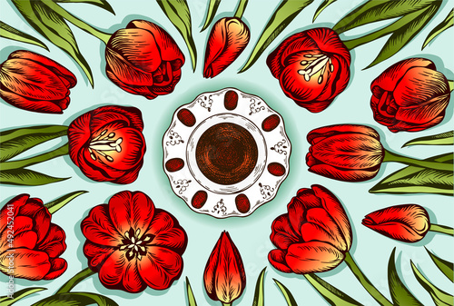 Sketch drawing red tulips with green leaves and cup of Turkish tea or coffee isolated on blue background. Outline arabian hot drink in glass, traditional Turkey flowers. Vintage vector illustration.