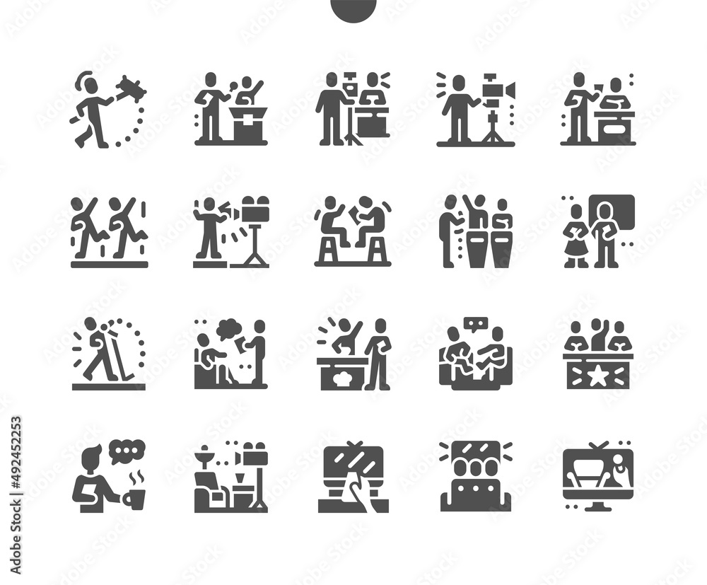TV Shows. Television and studio. Vocal show. Dance, talent show and other. Vector Solid Icons. Simple Pictogram TV Shows. Television and studio. Vocal show. Dance, talent show and other. Vector Solid Icons. Simple Pictogram