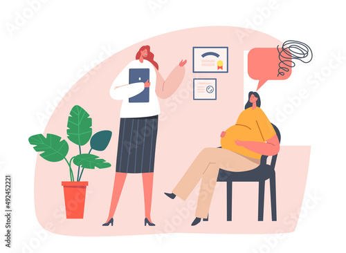 Psychological Support for Pregnant Woman, Coach and Pregnant Female Characters Sitting on Chair in Perinatal Class