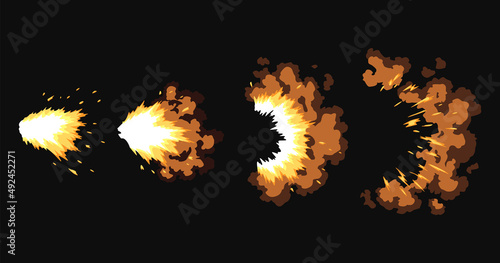 Gun flashes or gunshot animation. Collection of fire explosion effect during shot with gun. Cartoon flash effect of bullet starts. Shotgun fire, muzzle flash and explode