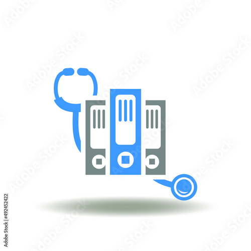 Vector illustration of binders of folders with stethoscope. Icon of medical law regulation. Symbol of medicine compliance regulations.