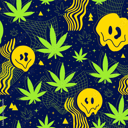 Deformed flex distorted grid in space,melt smile face,weed cannabis leaf seamless pattern.Vector graphic illustration.Psychedelic melting grid,distortion,techno,marijuana,weed seamless pattern print