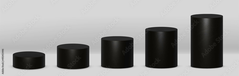 Black 3d cylinders front view and levels with perspective isolated on grey background. Black 3d cylinders front view and levels with perspective isolated on grey background.