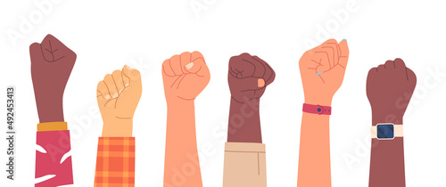 Fists Row Protest, Black and White Hands Against War, Racism and Discrimination. Human Rights Activists Fight