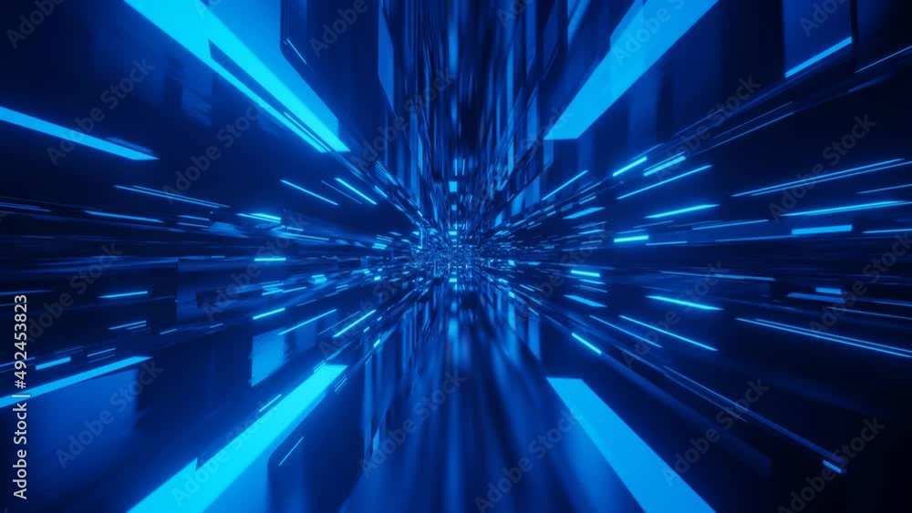 Fly through technology cyberspace with neon glow. Sci-fi flight through hi-tech technology tunnel. Hologram and neon light. metal blocks in the air. 3d looped seamless 4k bright background. Data flow