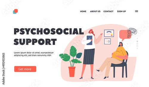 Psychological Support for Pregnant Woman Landing Page Template. Coach and Pregnant Female Characters in Perinatal Class