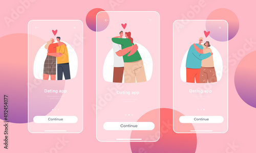 Dating Application Mobile App Page Onboard Screen Template. Loving Couples Hug, Happy Men and Women Embracing