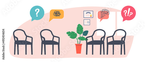 Psychologist, Psychotherapist Office With Stuff and Furniture for Group Therapy. Practitioner Cabinet in Clinic