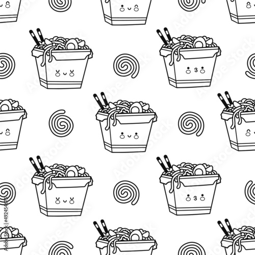 Cute funny happy wok noodle box character seamless pattern.Vector line art page for coloring book.Asian food, noodle, wok box character seamless pattern concept