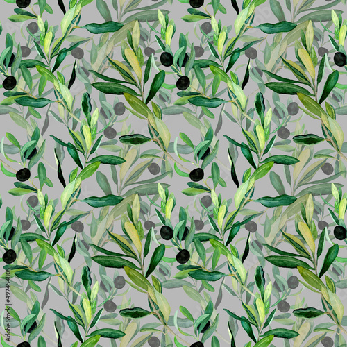 Watercolor olive branches pattern on gray background. Hand drawn watercolor olive tree illustration. Design for covers, packaging, textile and wallpapers