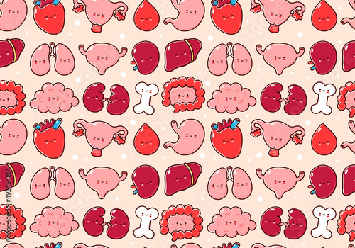 Cute human organs character seamless pattern. Vector line cartoon kawaii character illustration icon.Bone,stomach,heart,uterus,blood,liver,lungs,bladder,splee,intestine,kidneys seamless pattern