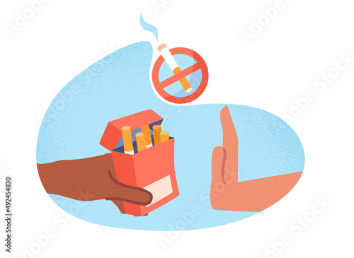 Stop smoking concept. Hand refuses cigarettes, motivational banner or poster. Refusal of harmful habits, active lifestyle and health care. Strong mentality metaphor. Cartoon flat vector illustration