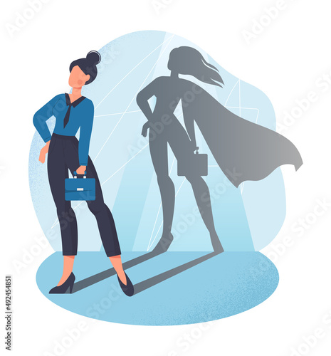 Strong business woman. Girl stands with shadow of superhero, employee or boss. Feminism and womens power, equal rights. Successful entrepreneur with suitcase. Cartoon flat vector illustration