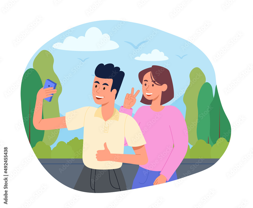 Couple take selfie. Man and girl in nature, couple on romantic date, memory and social networks. Bloggers on vacation, tourists in another country, popular person. Cartoon flat vector illustration