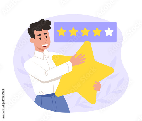 Customer feedback concept. Young guy hugs gold star. Buyers rate product or service. Ranking, modern technologies and service, product review and online review. Cartoon flat vector illustration