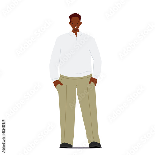 Young Positive African Fashioned Business Man, Single Male Character Wear Shirt and Green Trousers Isolated on White