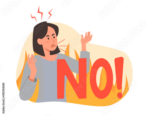 Furious woman concept. Girl in fire says no, anger and negative emotions, aggressive character. Hard day and annoyance. Lady tired at work, person screaming. Cartoon flat vector illustration