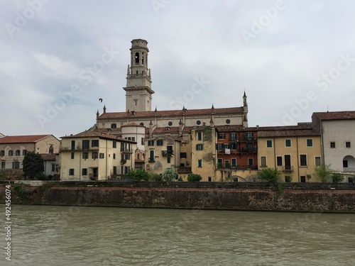 Verona, veneto, Italy. Trento. River Adige. Riverside and old terracotta buildings around