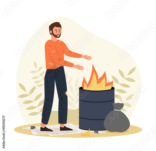 Homeless by fire. Man warming himself by barrel with fire, difficult life situation. Poor character in dirty and torn clothes on street, poverty and social inequality. Cartoon flat vector illustration