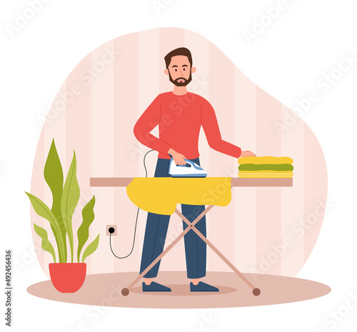 Man irones clothes. Routine and household chores, employee preparing to go to work, evening or morning. Caring for clothes after washing, owner of apartment. Cartoon flat vector illustration