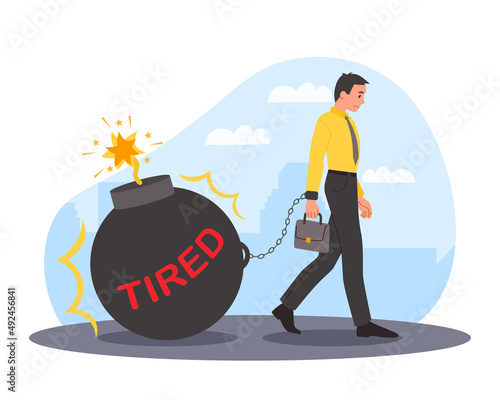 Tired man with bomb. Employee hides anger inside, man in business suit walking home from work. Explosive and impulsive character, disgruntled manager or businessman. Cartoon flat vector illustration