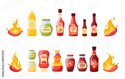 Set Hot Sauce in Jars and Bottles, Savory Condiments with Spice Chilli or Jalapeno Ingredients. Red Chili Pepper in Fire