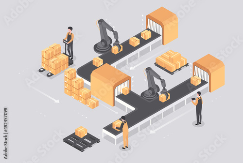 Automated lines concept. Workers create goods and pack them into boxes, automation, division of labor and modern factories. Conveyor, logistics and sorting products. Isometric vector illustration