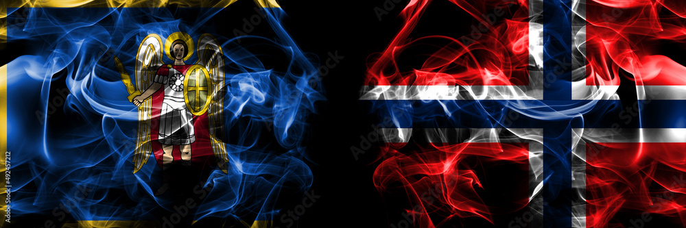 Kyiv, Kiev vs Norway, Norwegian flag. Smoke flags placed side by side isolated on black background.