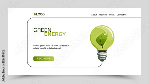 Landing page for renewable energy and biogas projects. Realistic green light bulb with leaf inside. Vector background in flat style.
