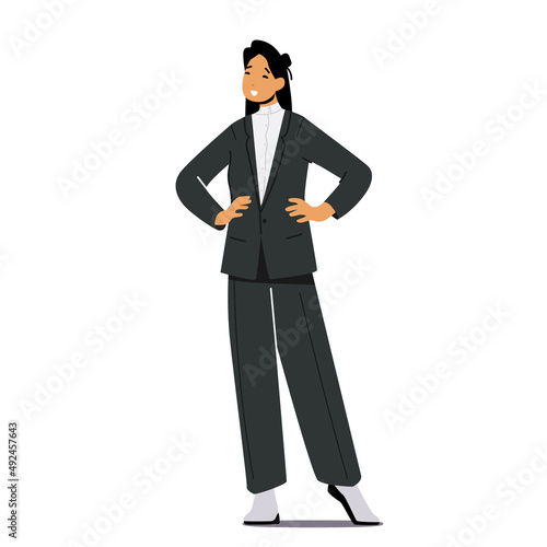 Stylish Asian Business Woman Wearing Fashioned Formal Outfits Stand with Arms Akimbo. Female Character in Modern Costume
