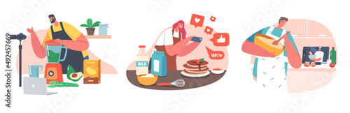Food Blogger Characters Create Content. Man Woman Cooking and Recording Culinary Video for Blog or Channel, Courses