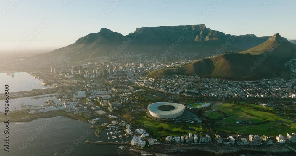 custom made wallpaper toronto digitalSpectacular high aerial view at sunrise of the Cape Town Stadium,Waterfront,City Centre,Table Mountain,Lion's Head,Signal Hill,Cape Town, South Africa