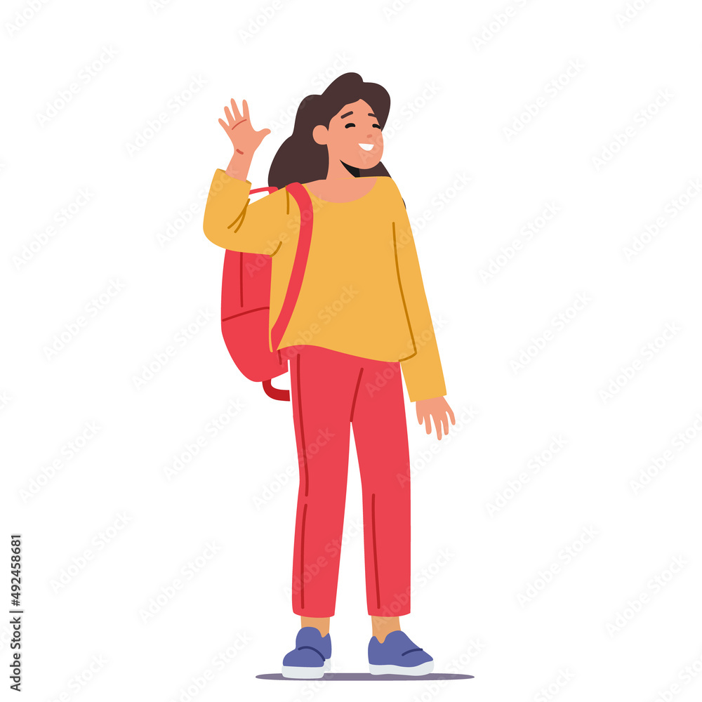 Youth, Happiness and Education Concept. Little Pupil Girl with Backpack Waving Hand Isolated on White Background Youth, Happiness and Education Concept. Little Pupil Girl with Backpack Waving Hand Isolated on White Background