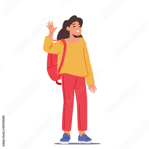 Youth, Happiness and Education Concept. Little Pupil Girl with Backpack Waving Hand Isolated on White Background